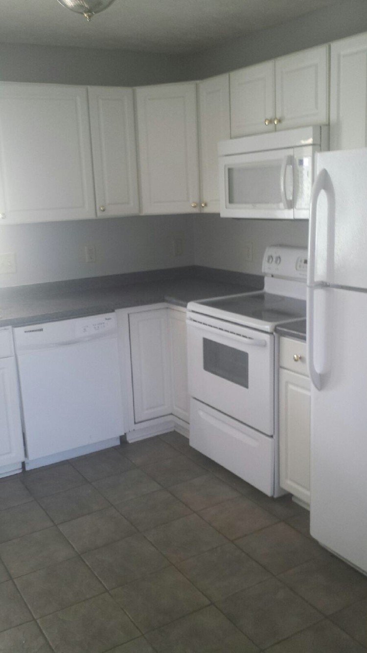 kitchen, appliances included, ceramic tile flooring, fresh popular greytone paint